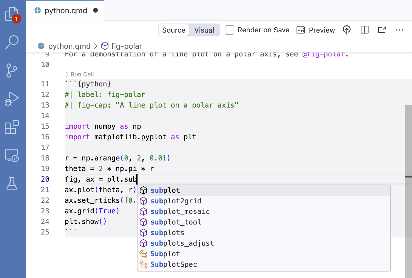 A Quarto document in Positron with a python code cell. There is a code completion helper active in the python cell.