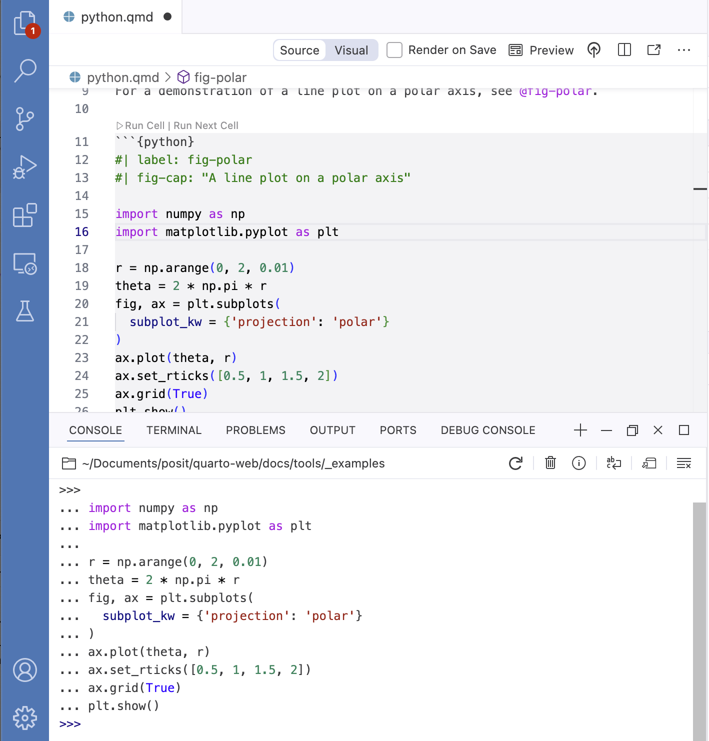 Positron with two panes open, source code on the right, and the interactive output of that code shown in a second pane on the left.