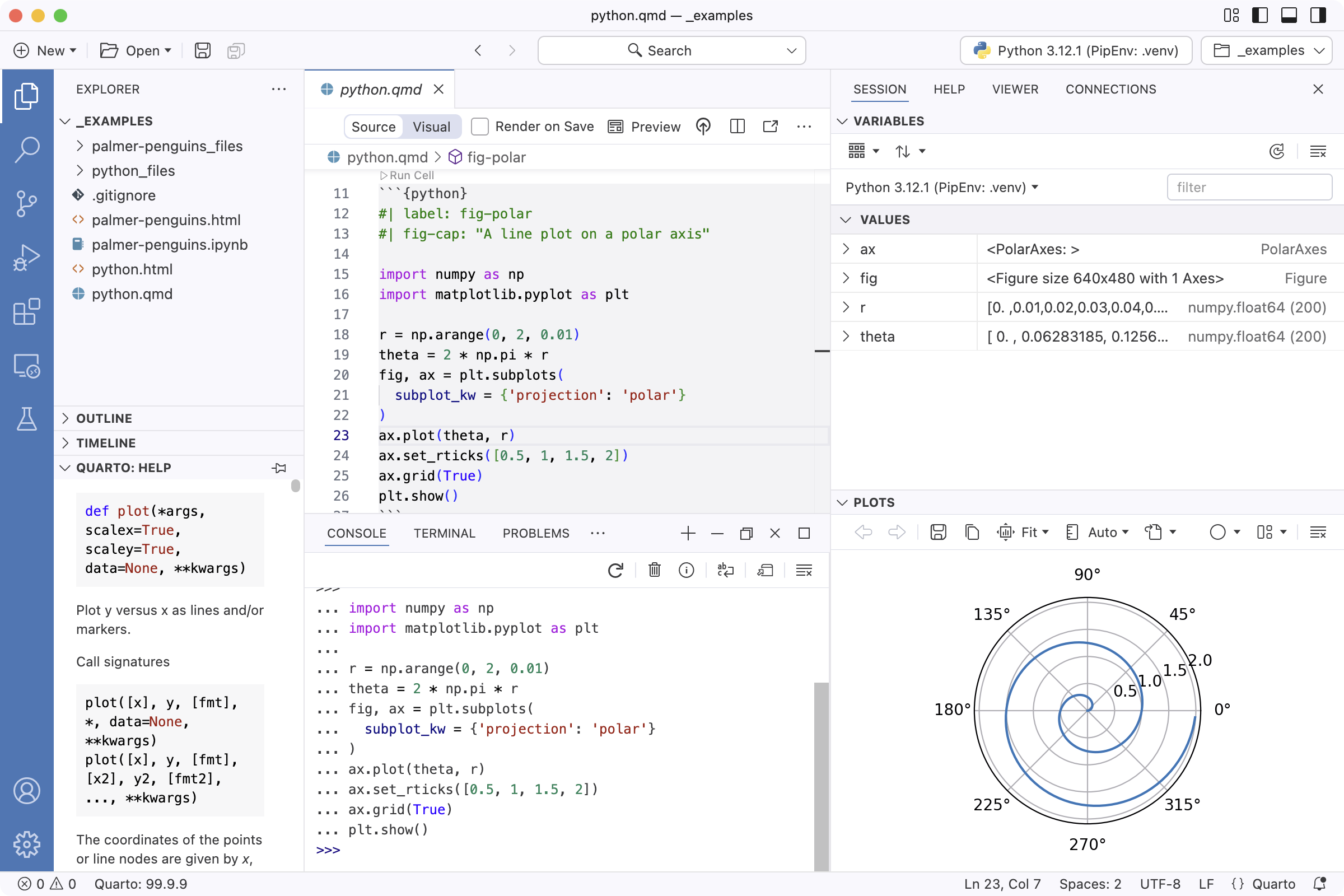 Screen shot of Positron editor with three vertical sections. The leftmost includes the file explorer, and quarto help. The second pane is the source code for a quarto file with python code, and the active Python Console. The third shows the Environment and Plots for the active console populated with the output of the code cells.