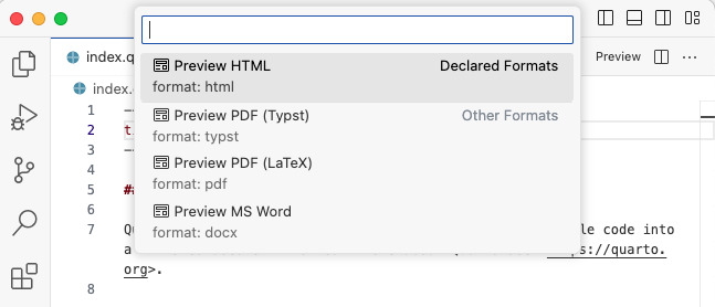 The top of the Positron editor. The command pallette shows a quick pick list of available formats to preview.