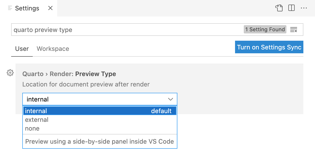 Positron settings interface with 'quarto preview type' entered into the search bar. User settings reveals Quarto > Render: Preview Type, with a dropdown to select location for document preview after render. The default, internal, is selected, which previews using a side-by-side panel in Positron. The other two options in the dropdown are external and none.