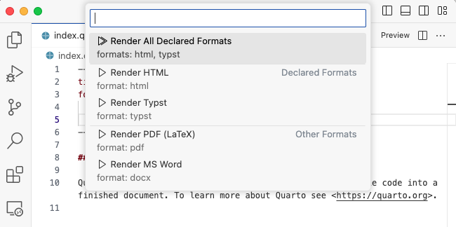 The top of the Positron editor. The command palette shows a quick pick list of available formats to render.