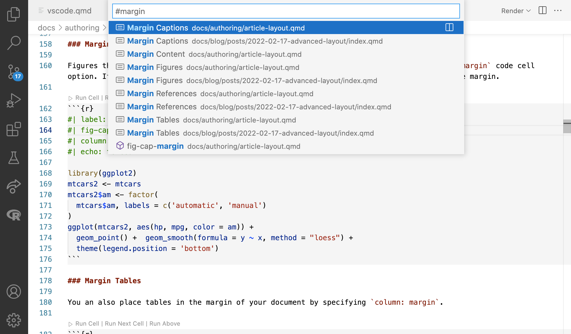Quarto document in Positron with command palette open showing the files in the project with the entered term, 'margin'.